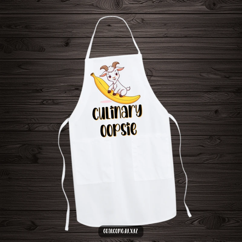 Funny goat apron showing a goat comically slipping on a banana peel, perfect for kitchen fun and adding humor to cooking.