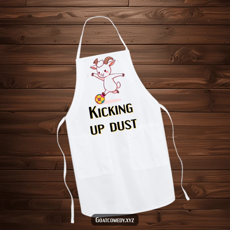 Funny Goat Apron showing a goat energetically kicking a colorful ball, perfect for kitchen fun and cooking.