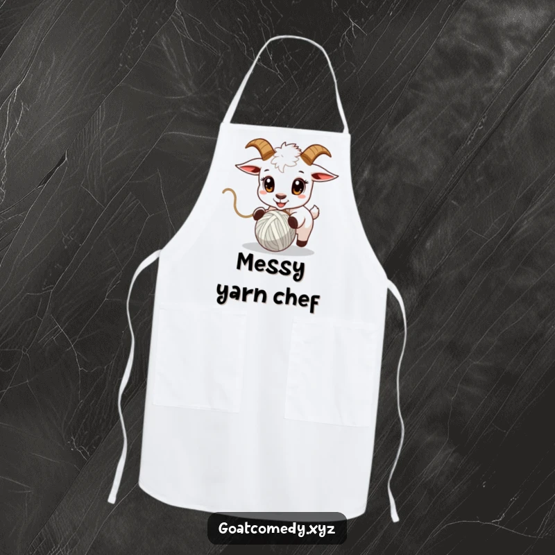 Funny goat apron depicting a goat with wide eyes chasing a bouncing ball of yarn.