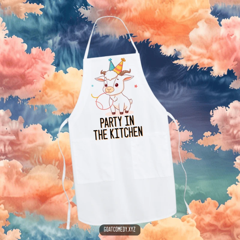 Funny goat apron depicting a goat in a silly party hat blowing a streamer.