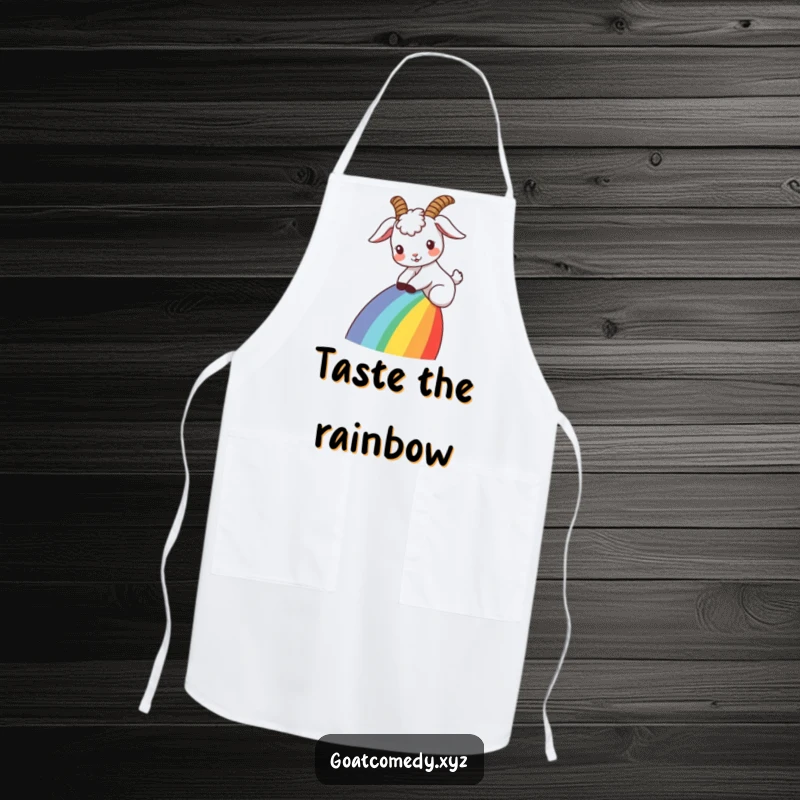 Funny goat apron showing a goat with ears flopped back, sliding down a rainbow, adding whimsical fun to kitchen activities.