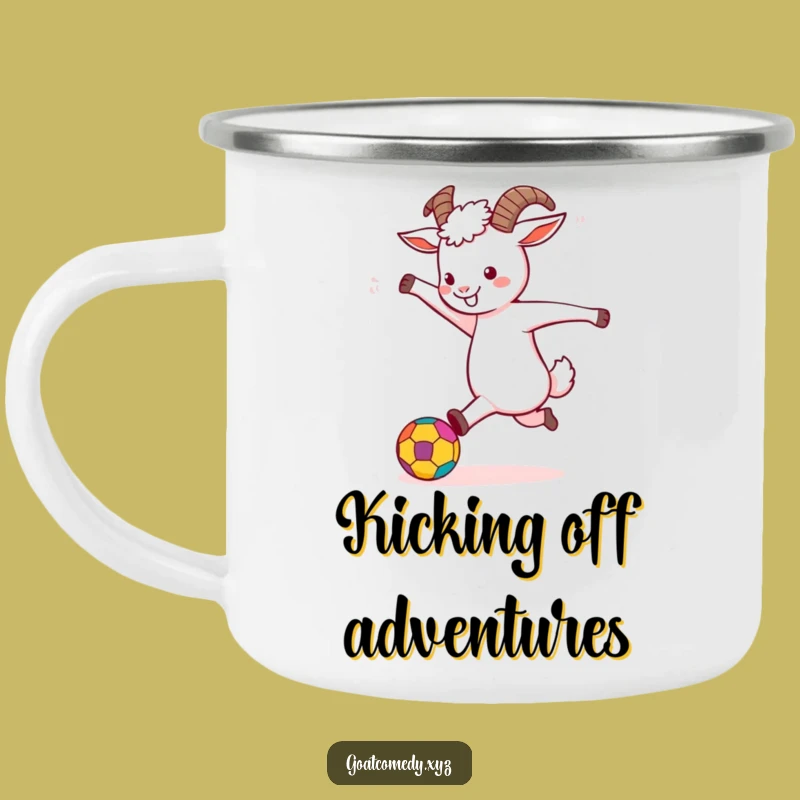 Funny Goat Kicking Ball Camping Mug: Enjoy Playful Sips Outdoors