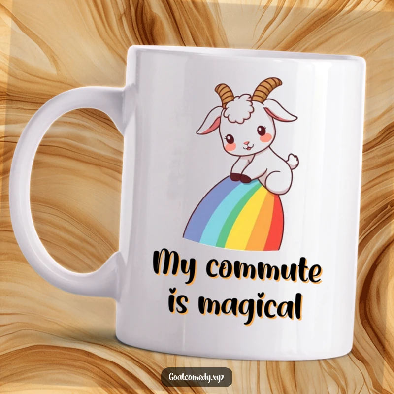 Funny goat mug with ears flopped back, gleefully sliding down a vibrant rainbow, embodying pure whimsical joy.