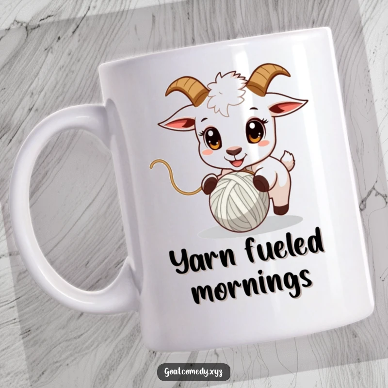Funny goat mug showing a goat with wide, excited eyes chasing a bouncing ball of yarn.