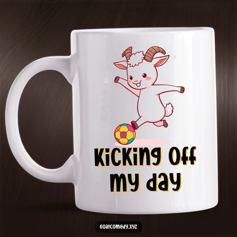 Funny Goat Mug depicting a goat joyfully kicking a colorful ball, embodying playful energy and outdoor fun.