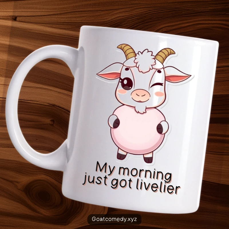 Funny goat mug with a mischievous wink, holding a whoopee cushion, ready to unleash some hilarious pranks on unsuspecting friends.