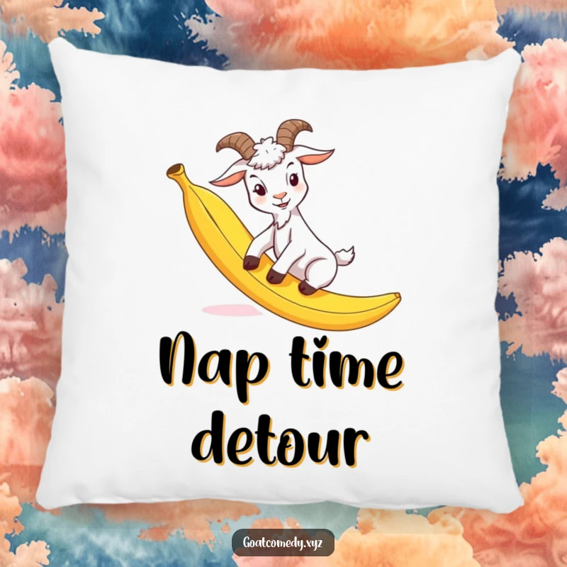 Funny goat pillow featuring a goat comically slipping on a banana peel, offering comfort and a dose of slapstick humor.