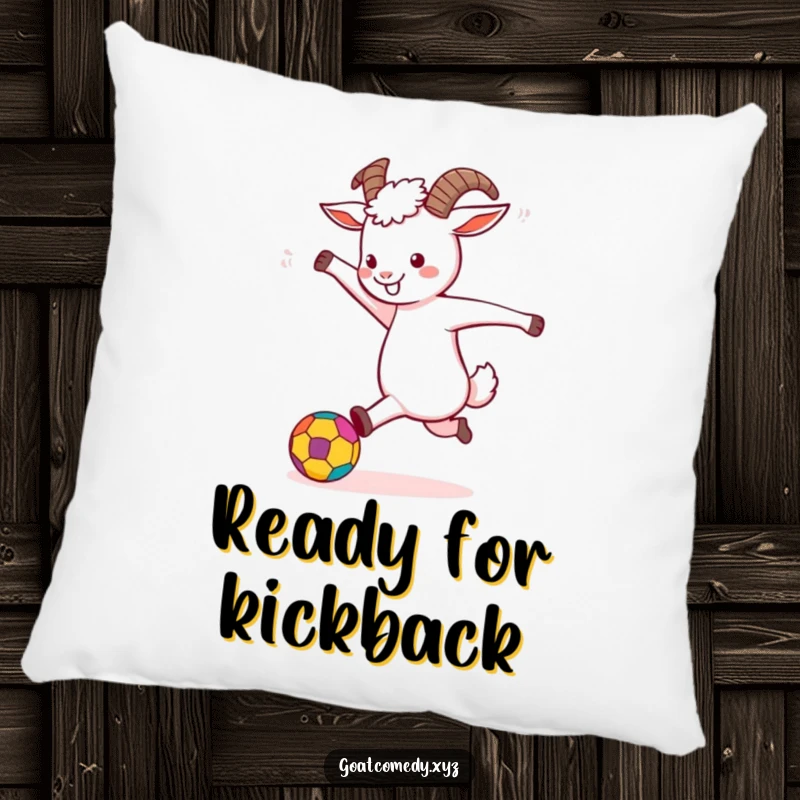 Funny Goat Pillow featuring a goat joyfully kicking a colorful ball, perfect for cozy lounging and smiles.