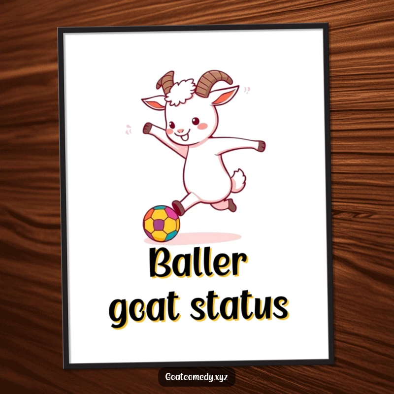 Funny Goat Digital Art Print of a goat energetically kicking a colorful ball, ideal for instant home decor.
