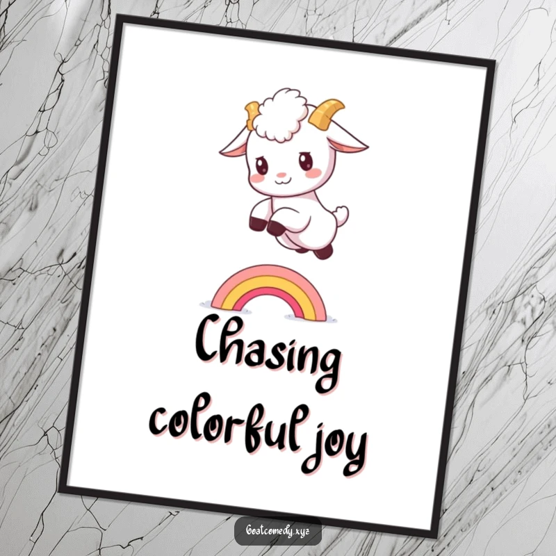 Funny goat kid digital art print of a fluffy baby goat leaping over a tiny rainbow.