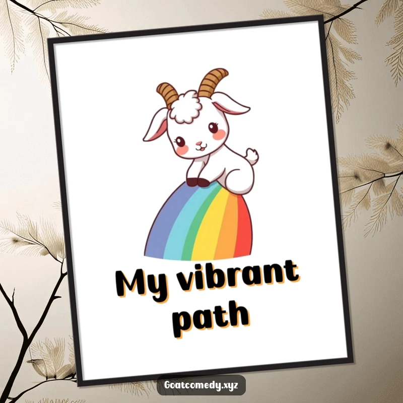 Funny goat digital art print with ears flopped back, sliding down a rainbow, bringing instant whimsical magic and humor to any space.