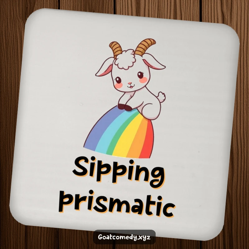 Funny goat drink coasters with ears flopped back, sliding down a rainbow, offering protection and a touch of whimsical charm.
