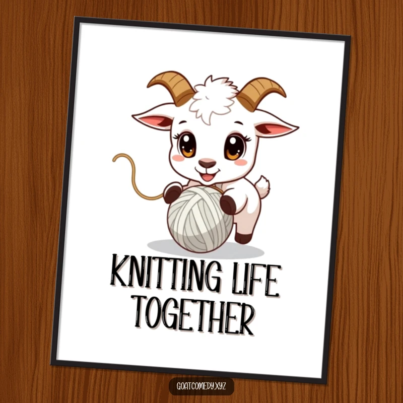 Funny goat poster showing a goat with wide, excited eyes chasing a bouncing ball of yarn.