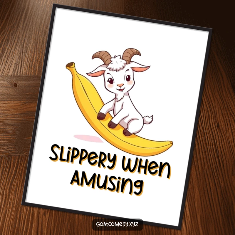 Funny goat poster depicting a goat comically slipping on a banana peel, adding a humorous and dynamic element to wall art.