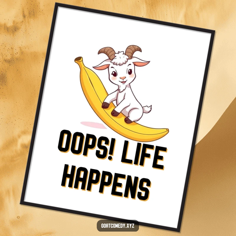 Funny Free Printable Wall Art: A goat comically slips on a banana peel, creating a hilarious and eye-catching display.