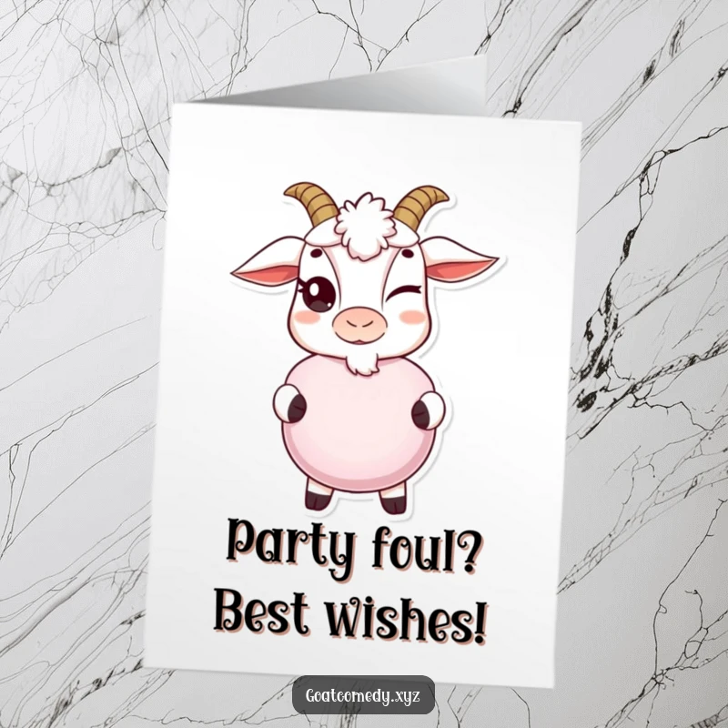 Funny Free Printable Birthday Card: A goat with a cheeky wink holds a whoopee cushion, ready for a good laugh.