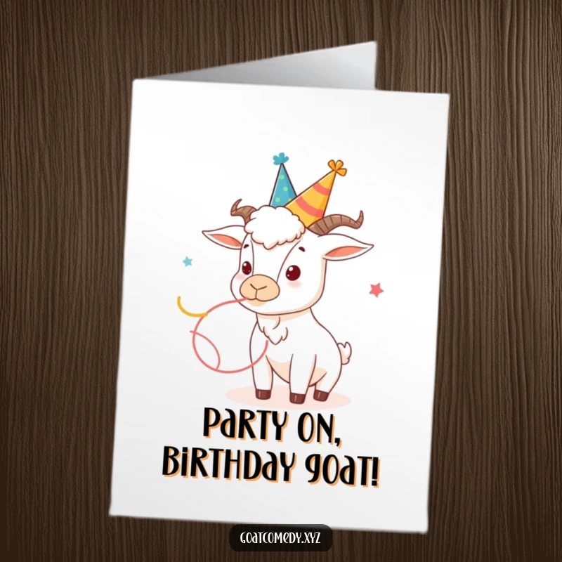 Funny Free Printable Birthday Card: A goat in a silly party hat enthusiastically blowing a streamer.