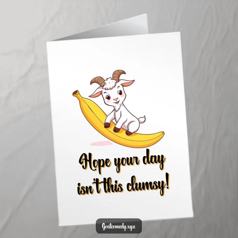 Funny Free Printable Birthday Card: A goat comically slips headfirst on a banana peel, creating a hilarious scene.