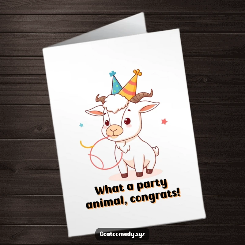 Funny Free Printable Congrats Card: A goat sporting a silly party hat, blowing out a long streamer.