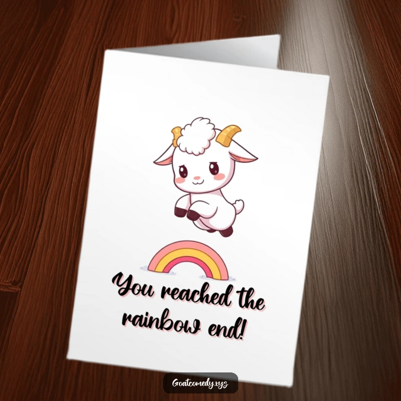 Funny Free Printable Congrats Card: A fluffy baby goat leaping energetically over a tiny, colorful rainbow.