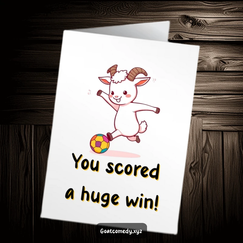 Funny Free Printable Congratulations Card: A goat character joyfully kicks a colorful ball, signifying a triumphant achievement.