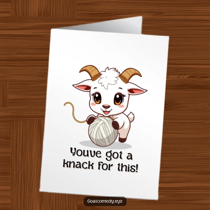 Funny Free Printable Congrats Card: A goat with wide eyes intently chasing a bouncy ball of yarn.