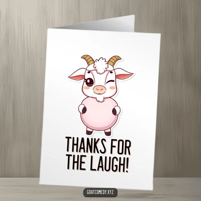 Funny Free Printable Thank You Card: A goat winks while holding out a whoopee cushion, a humorous way to say thanks.