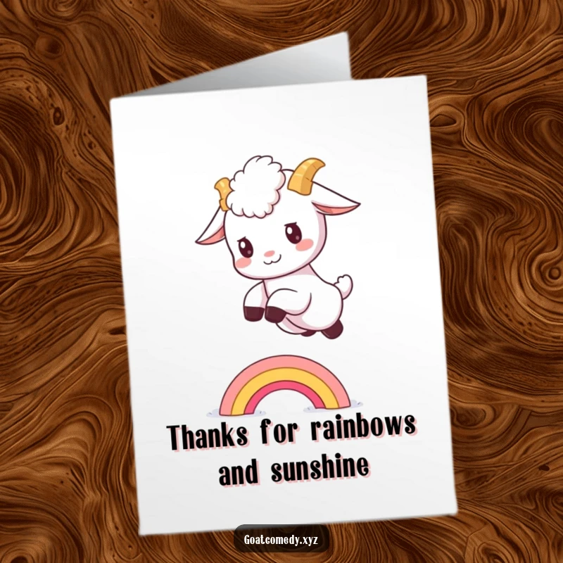 Funny Free Printable Thank You Card: A fluffy goat kid leaping over a tiny rainbow, conveying thanks.