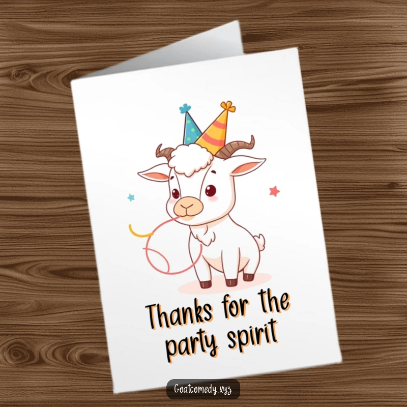 Funny Free Printable Thank You Card: A goat in a silly party hat blowing a streamer, conveying thanks.