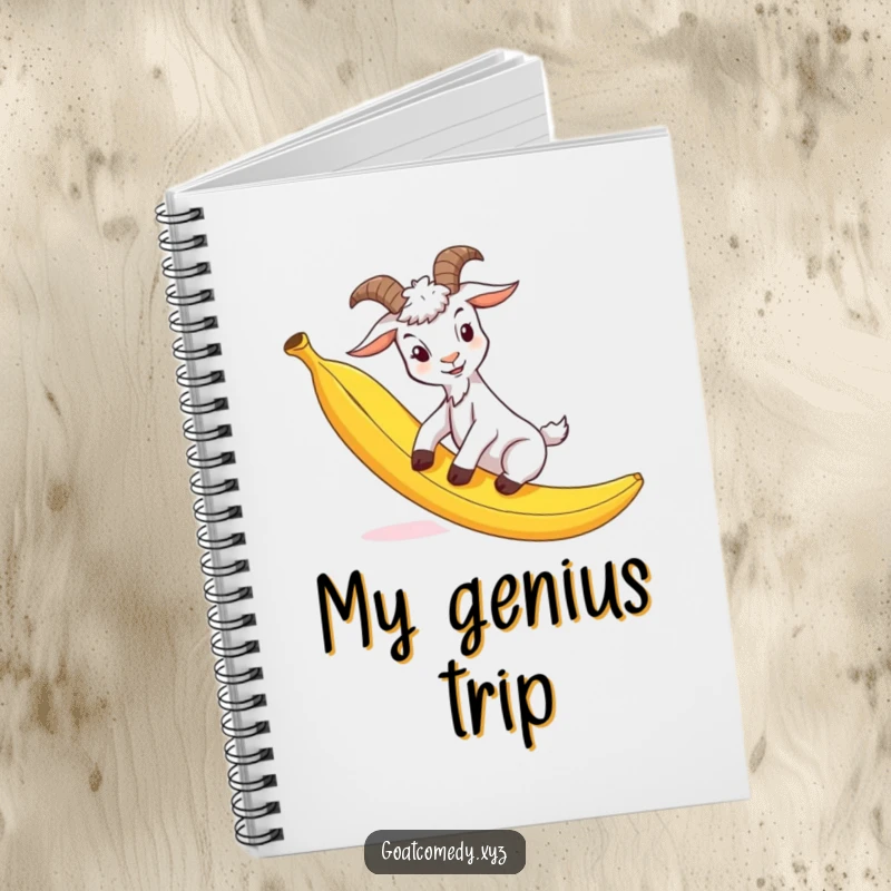 Funny goat notebook depicting a goat comically slipping on a banana peel, ideal for capturing thoughts and funny anecdotes.