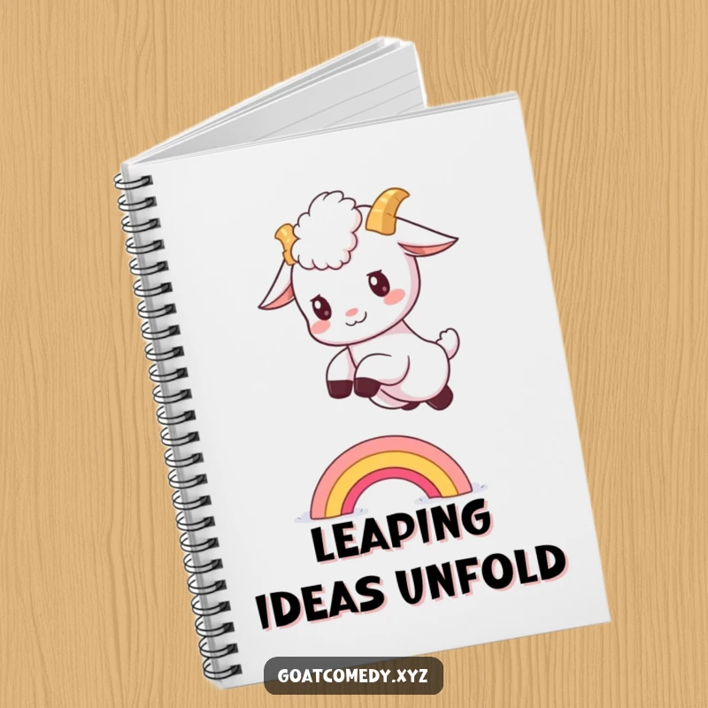 Funny goat kid notebook cover featuring a fluffy baby goat leaping over a tiny rainbow.