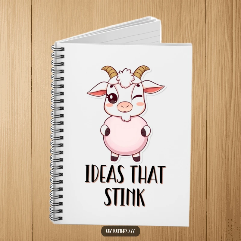 Funny goat notebook with a mischievous wink, holding a whoopee cushion, ideal for jotting down notes and hilarious ideas.