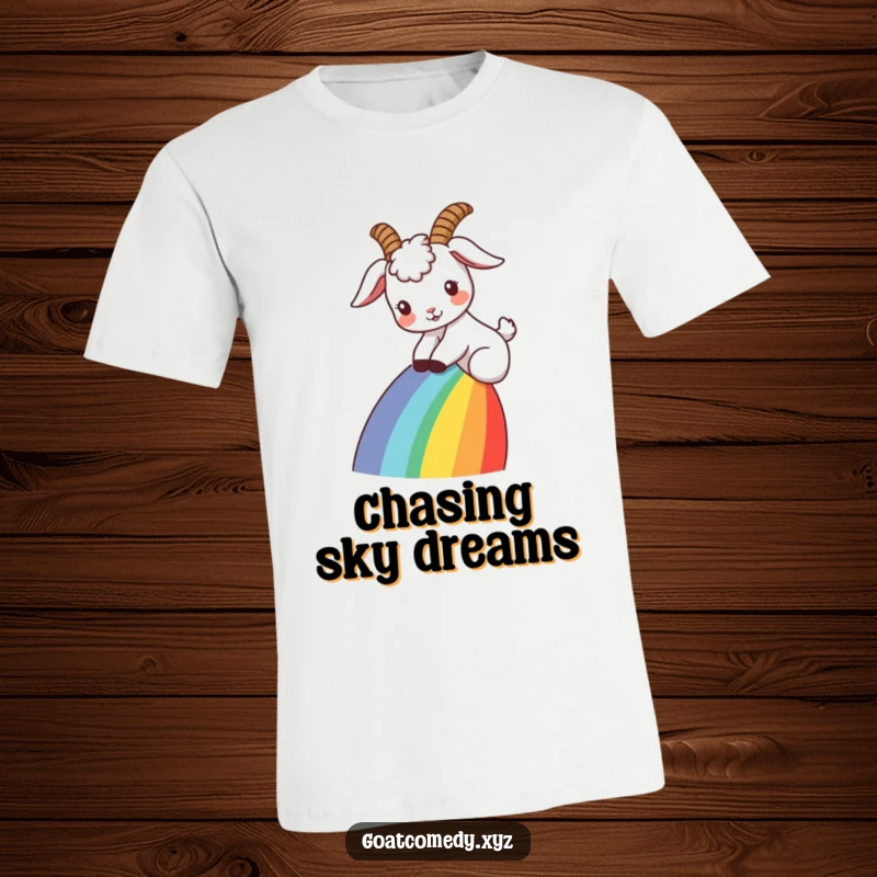 Funny goat t-shirt showing a goat with ears flopped back, sliding down a rainbow, full of excitement and carefree fun.