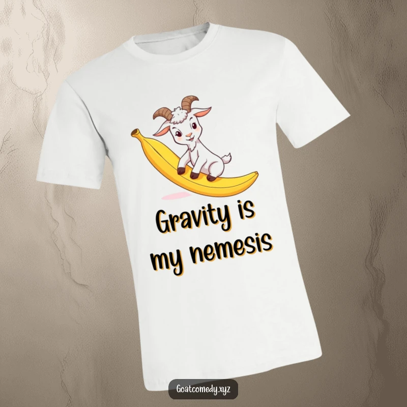 Funny goat t-shirt depicting a goat comically slipping on a banana peel, capturing a moment of hilarious misfortune.