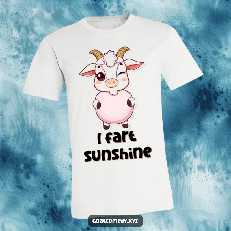 Funny goat t-shirt with a mischievous wink, holding a whoopee cushion, perfect for pranksters and lovers of silly humor.