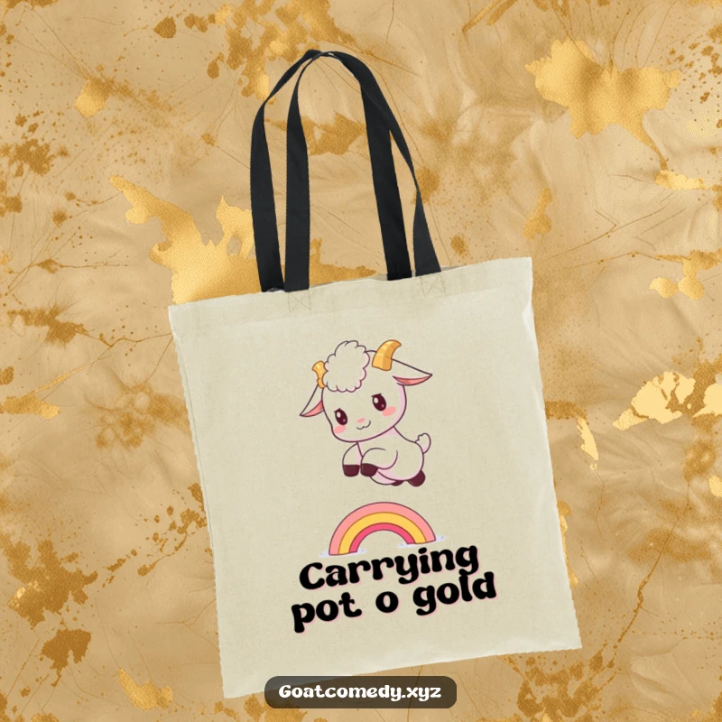 Funny goat kid tote bag depicting a fluffy baby goat leaping over a small, vibrant rainbow.