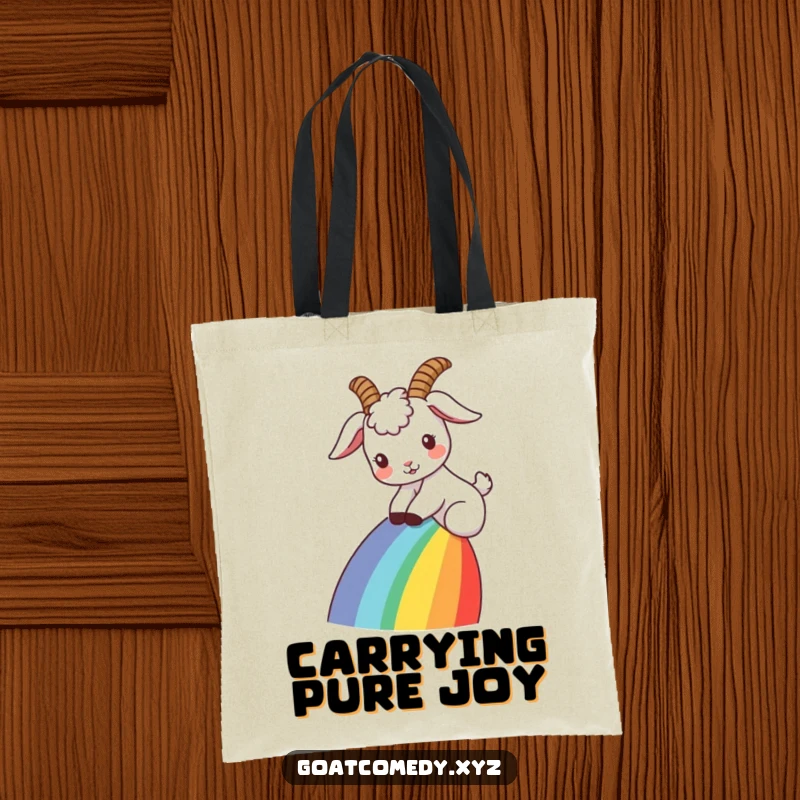 Funny goat tote bag showing a goat with ears flopped back, sliding down a rainbow, perfect for carrying essentials with whimsy.