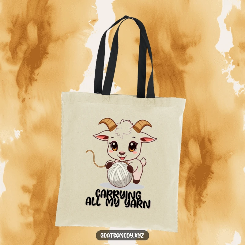Funny goat tote bag featuring a goat with wide eyes chasing a bouncing ball of yarn.